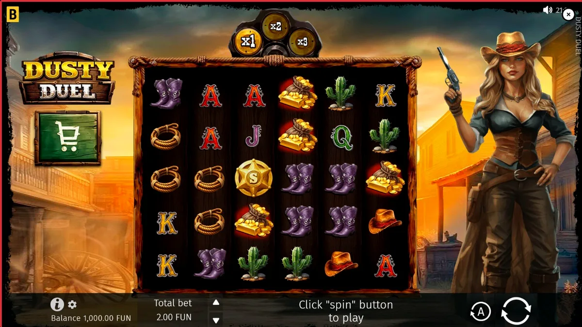 Tampilan visual slot Dusty Duel dengan latar belakang Wild West yang penuh debu