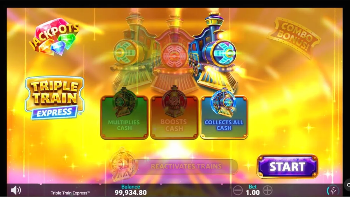 Tampilan visual futuristik dari slot Triple Train Express dengan nuansa neon