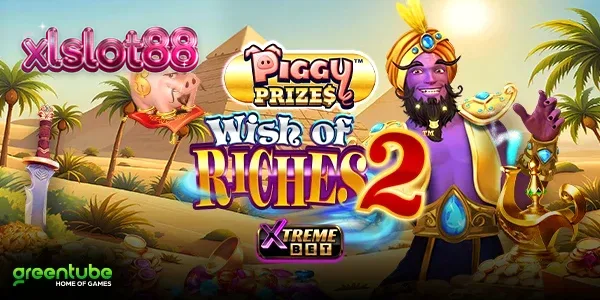 Tampilan visual slot Piggy Prizes Wish of Riches 2 dengan tema genie dan koin emas